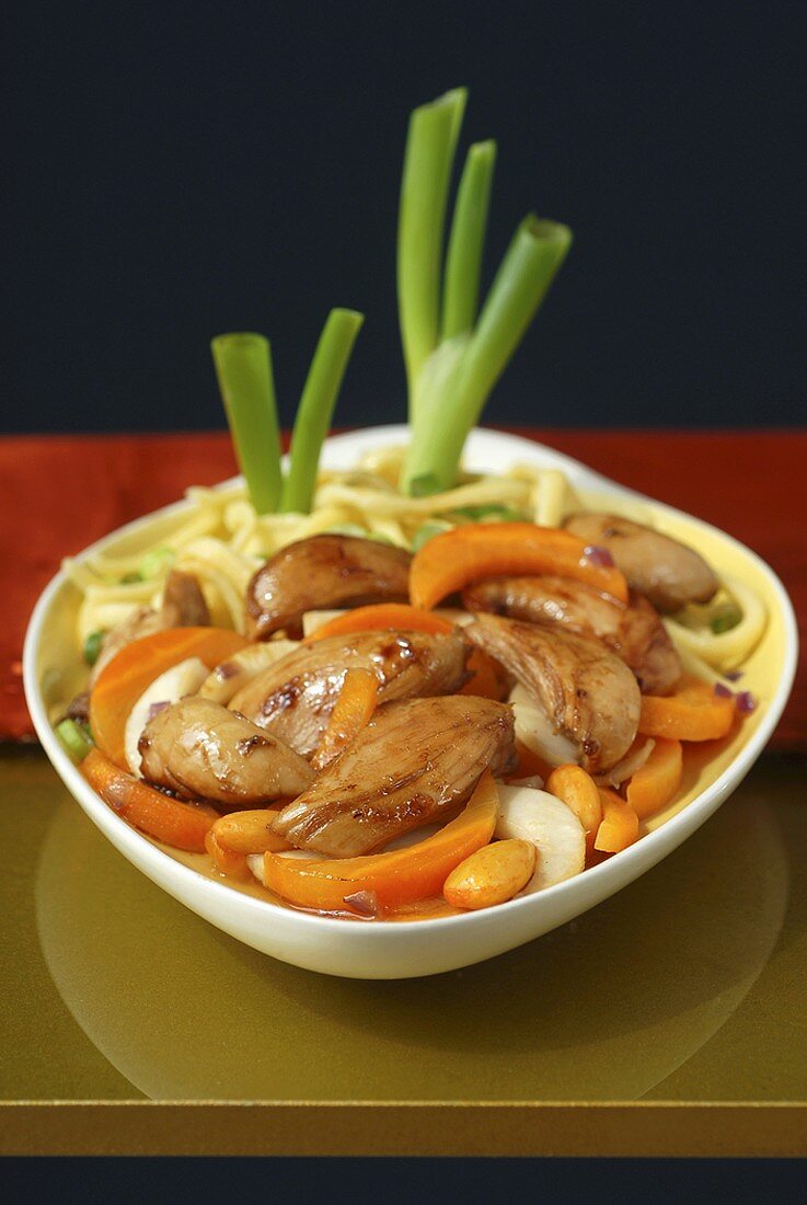 Glazed quail breast on root vegetables