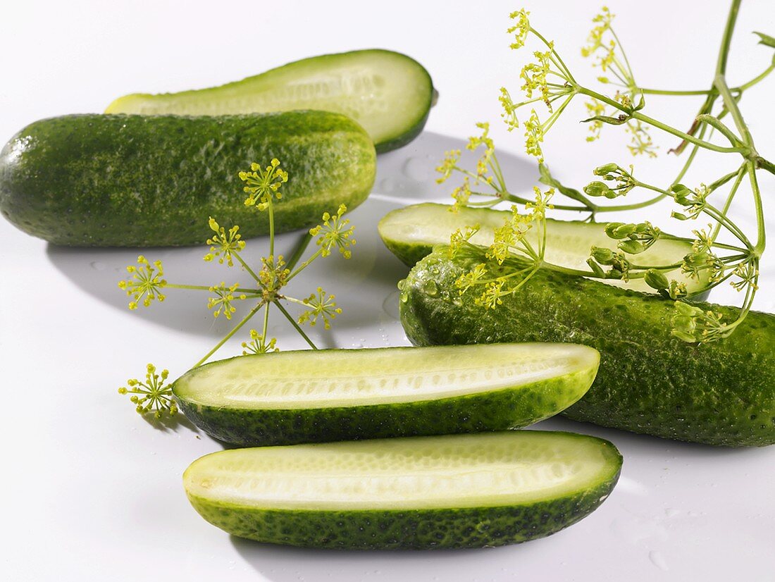 Halved gherkins with dill flowers