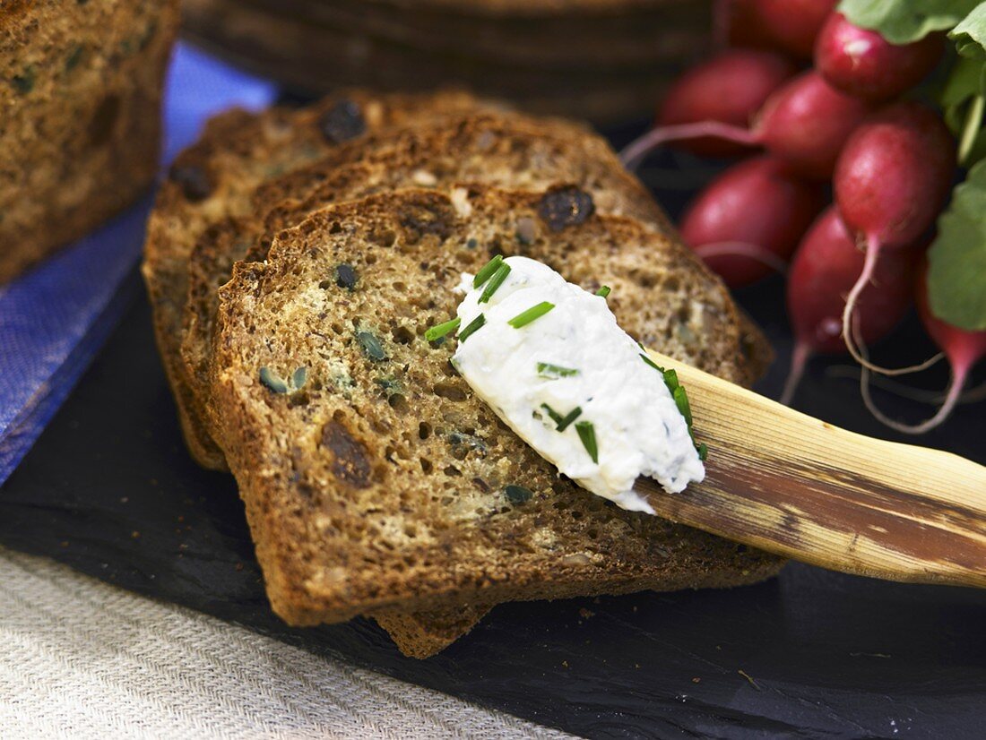 Swedish bread with soft fresh cheese and chives