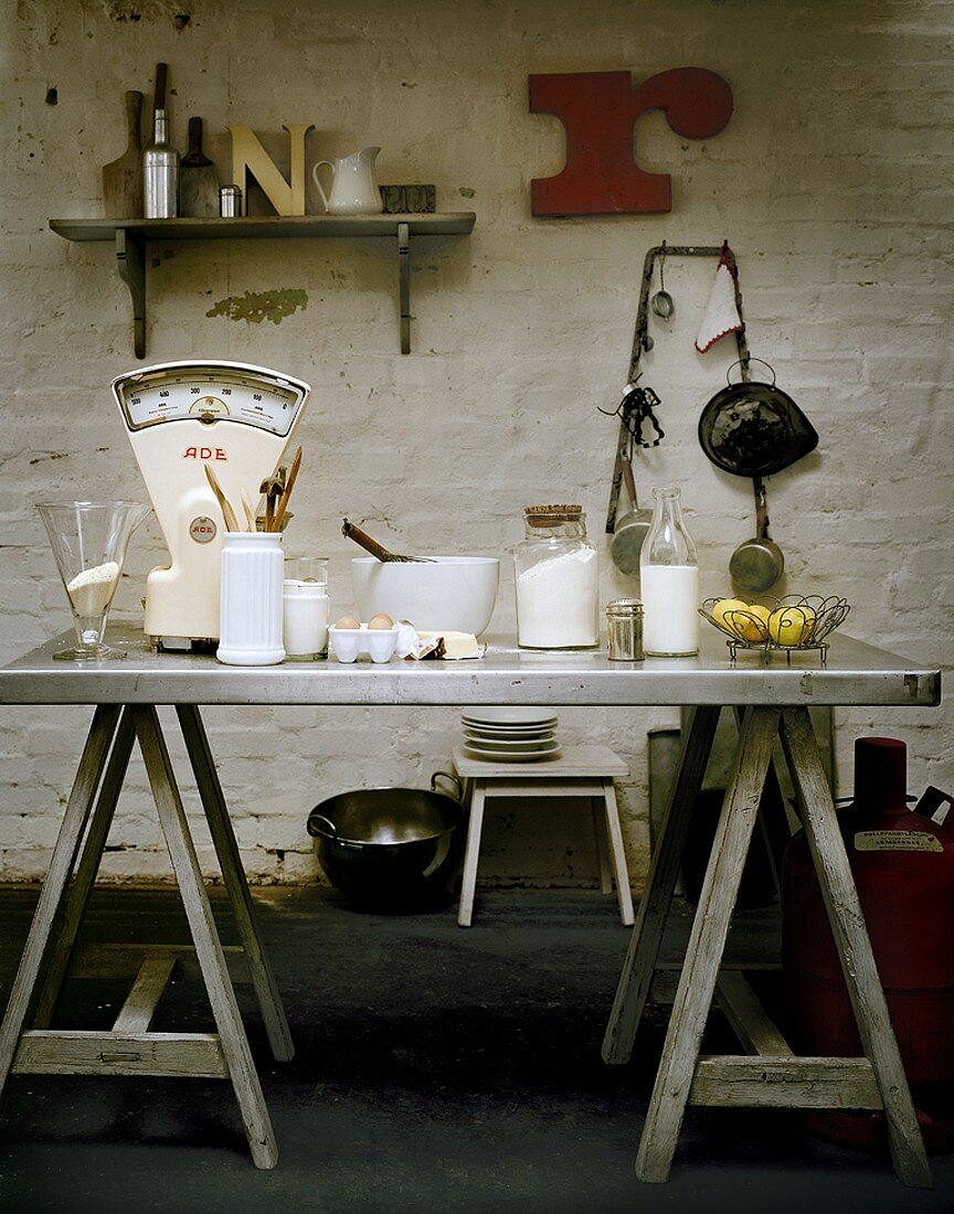 Ingredients on a table in an old bakery