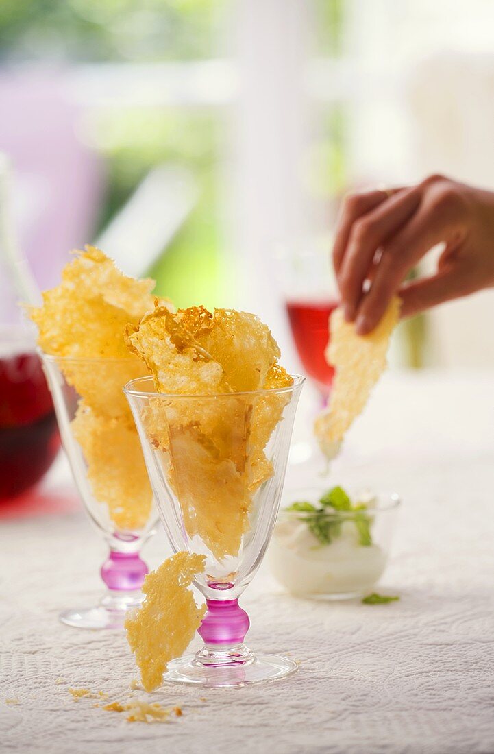 Parmesan crisps in glasses