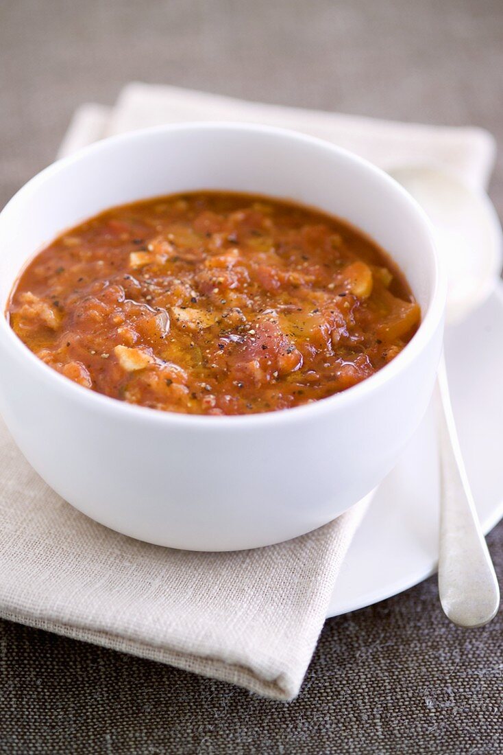 Tomato and bread soup in a bowl