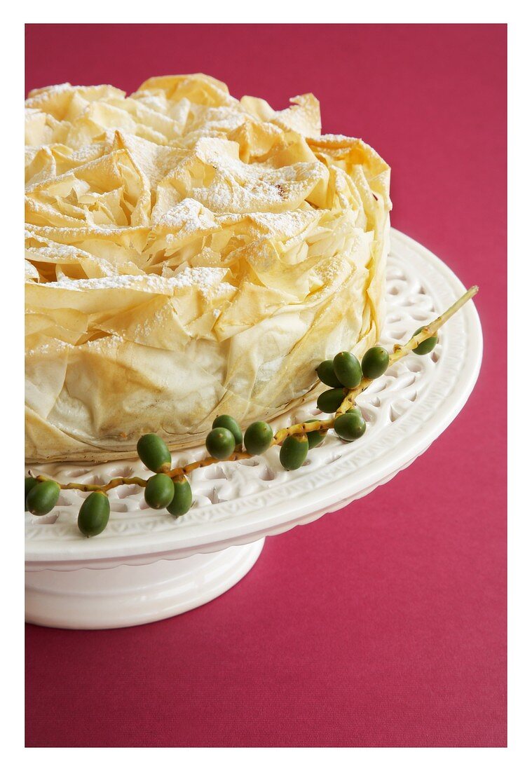 Filo pastry cake with dates, lavender, marzipan and nuts