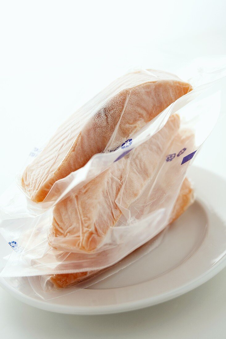 Frozen salmon steaks in packaging