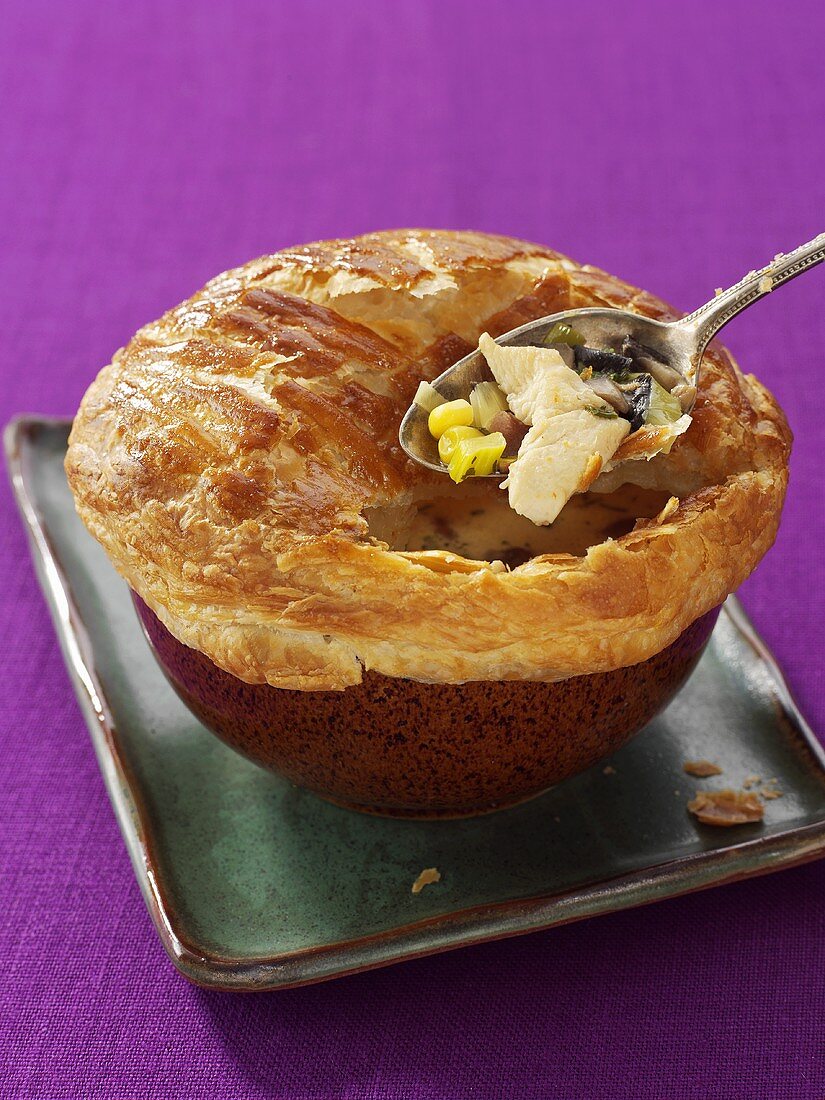 Chicken pot pie with puff pastry crust