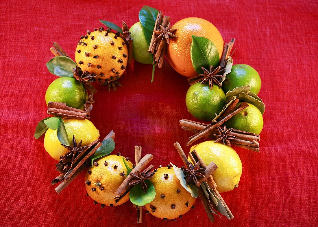 Wreath of studded fruit and spices