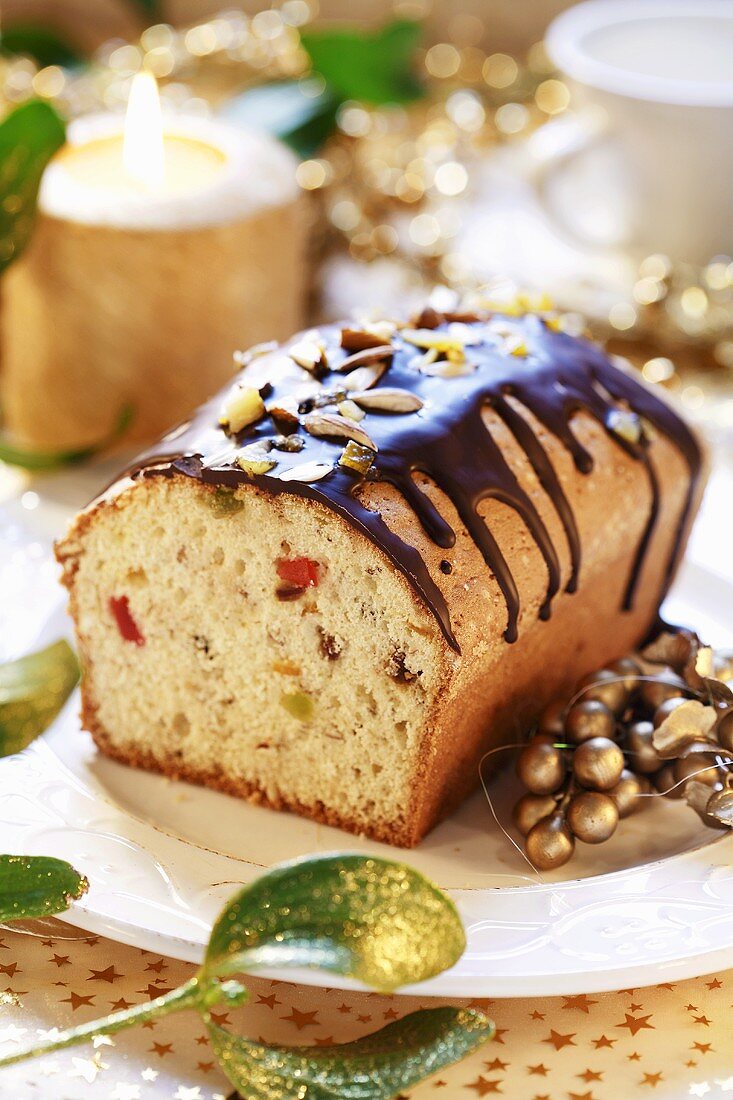 Fruit cake with chocolate icing