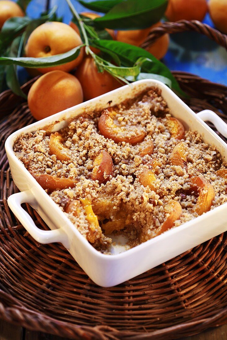 Apricot crumble in the baking dish