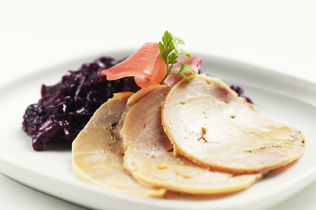 Smoked chicken roll with gingered red cabbage