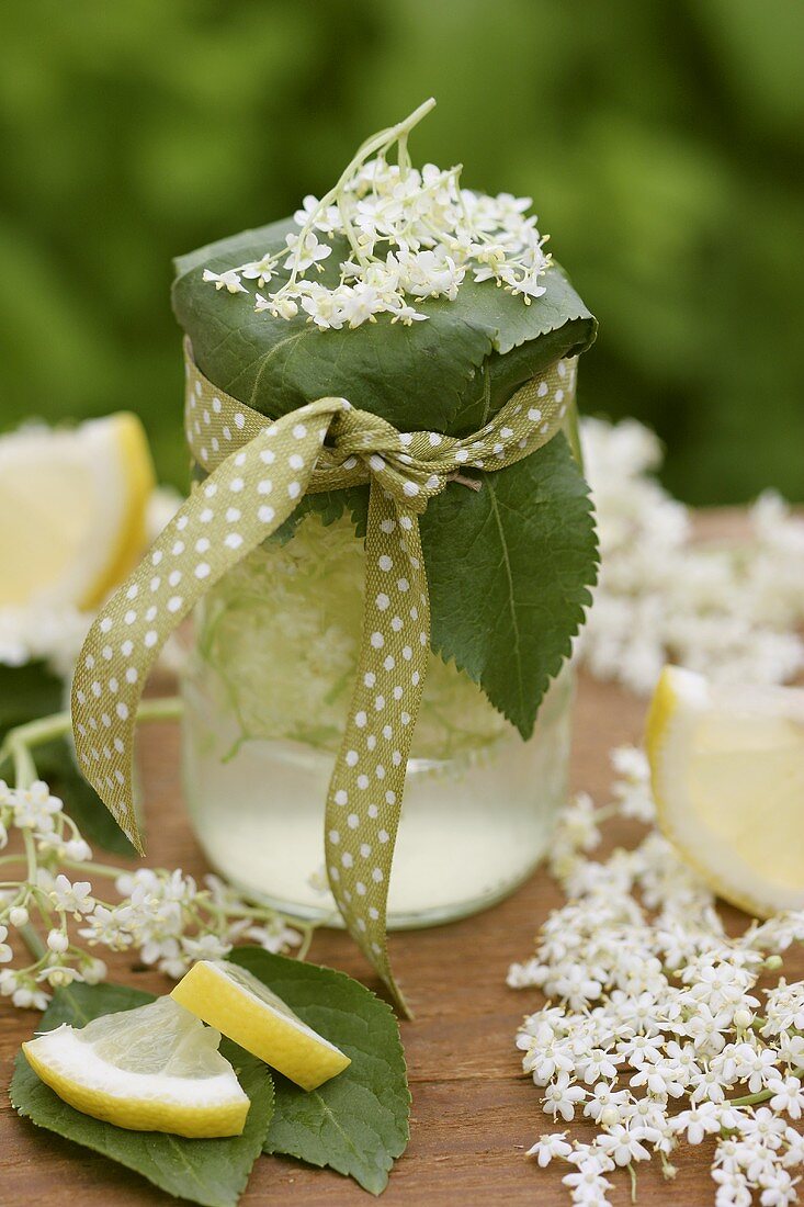 Elderflower lemonade in a jar to give as a gift