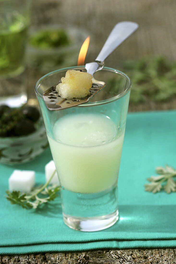 Absinthe with burning sugar cube on a silver spoon