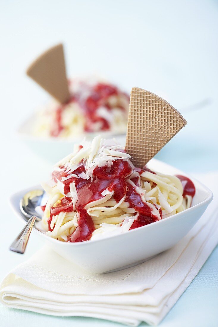 Ice cream tagliatelle with strawberry sauce, chocolate curls, wafer