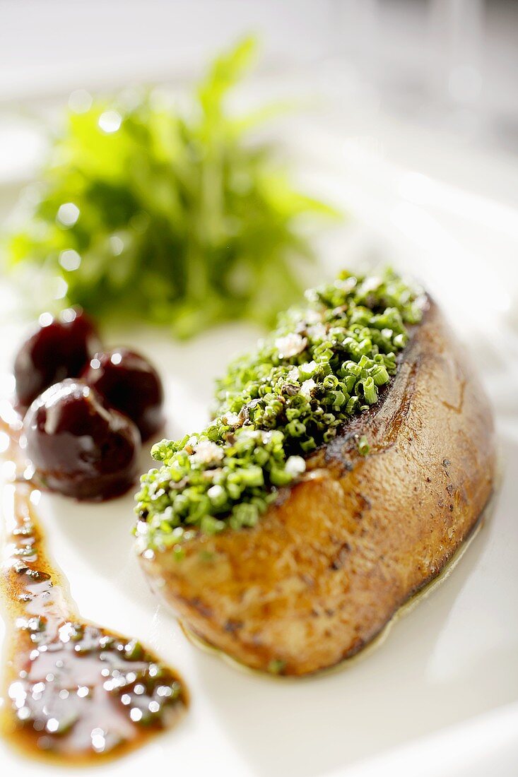 Roast goose liver with chive crust and cherry sauce