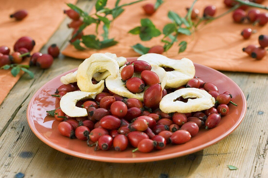 Rose hips and dried apple rings on a plate