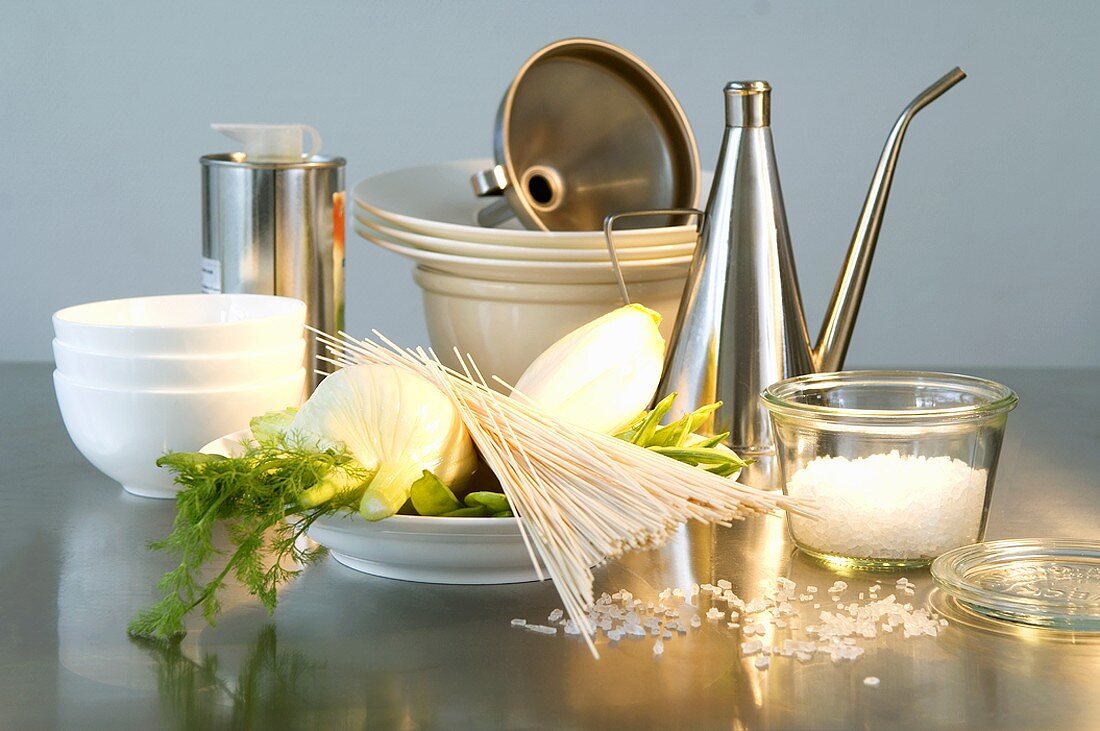 Ingredients for spaghetti dish with fennel