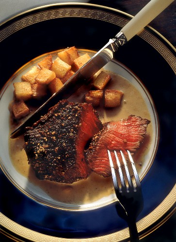 Steak with Cracked Pepper and Diced Potatoes