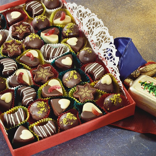 Chocolates in red chocolate box