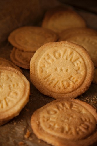 Biscuits stamped with the words 'home made'