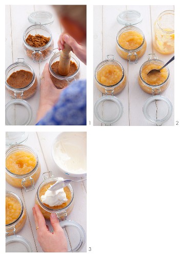 Apple cake being layered in jars