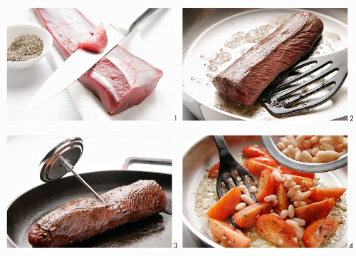 Saddle of lamb with white beans and tomatoes being prepared