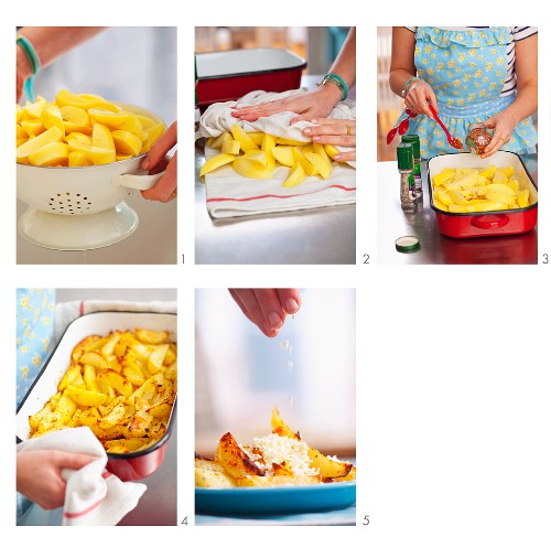 Oven-roasted potatoes being prepared