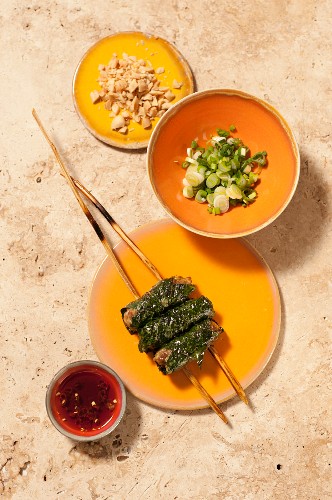 Bo la lot (beef in betel leaves, Vietnam)