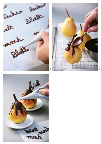 A pear being coated in chocolate, and chocolate writing being created