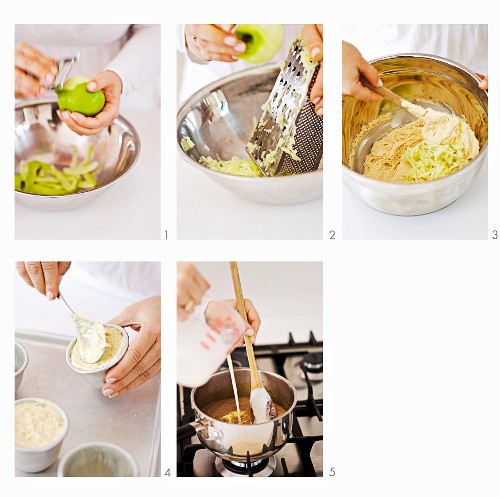 Apple pudding with butterscotch sauce being made