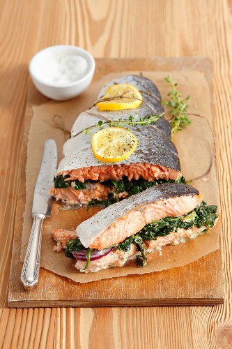 Baked salmon with spinach stuffing