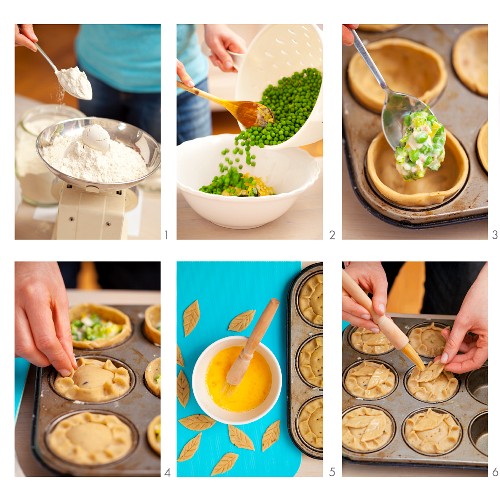 Making mini-pies filled with peas and broccoli