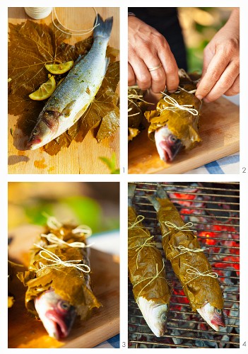 Trout being barbecued in vine leaves
