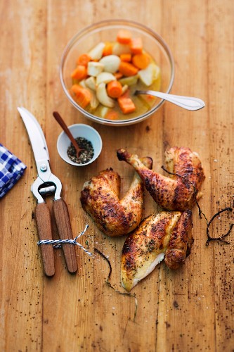 Roast chicken with a honey crust and a carrot and celery medley