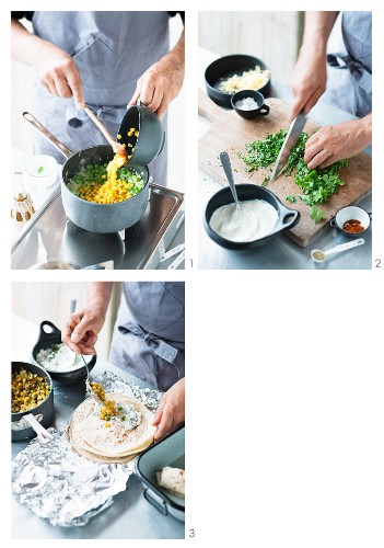 Enchiladas being filled with vegetables