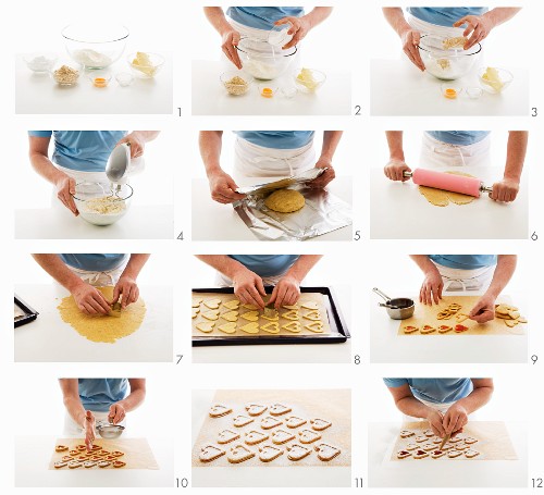 Heart-shaped jammy shortbread biscuits being made