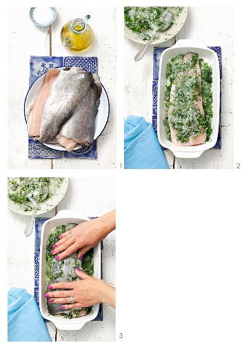 Trout fillet in herb salt being made