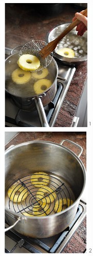 Candied pineapple rings being made