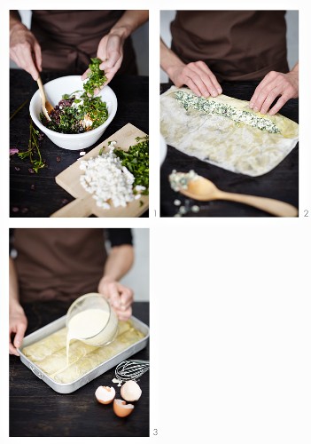 Puff pastry strudel with spinach and cheese being made