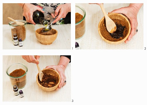 An exfoliating scrub being made from cane sugar, olive oil and essential oils