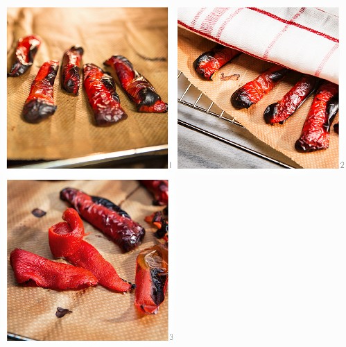 Red peppers being grilled and skinned