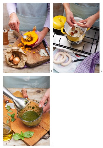 Pumpkin soup with fresh spinach and veal dumplings being made