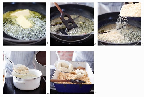 Quark dumplings with buttered crumbs being made