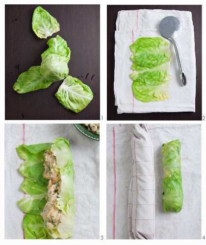 Vegetarian pointed cabbage roulade being made