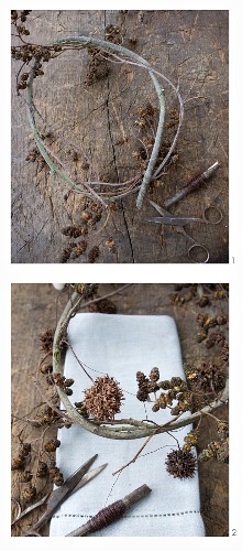 Making a wreath of alder seed heads
