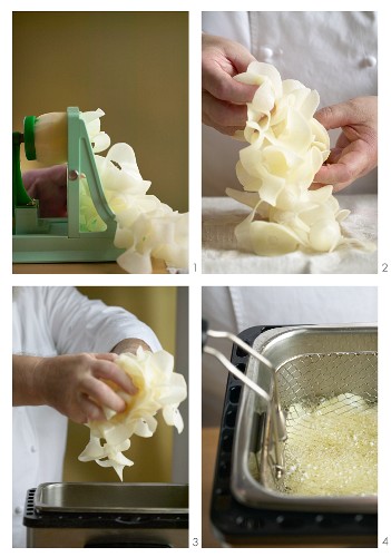 Fried potato ruffles being made