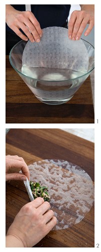 Rice paper packages filled with shiitake mushrooms being made