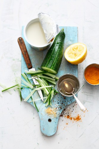 Ingredients for a yoghurt and cucumber dip