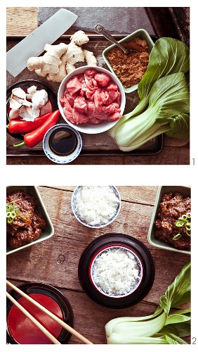 Slow-cooked Szechuan beef brisket with rice and bok choy being made (China)