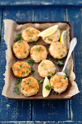 Salmon and potato fritters with peas