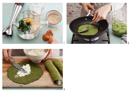 Vegetarian spinach crepes with coarse cream cheese being made