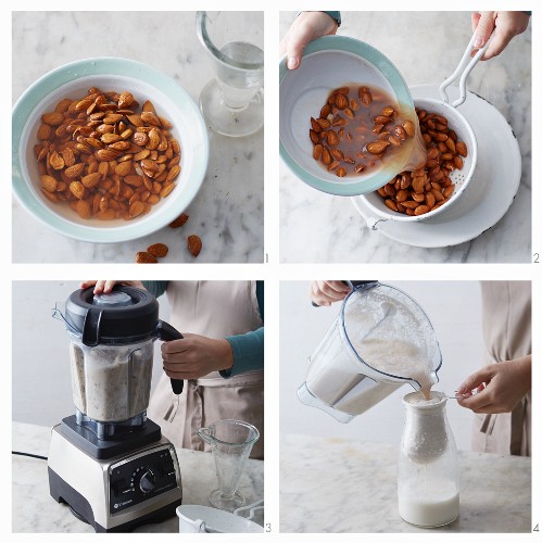 Vegan almond milk with dates being made